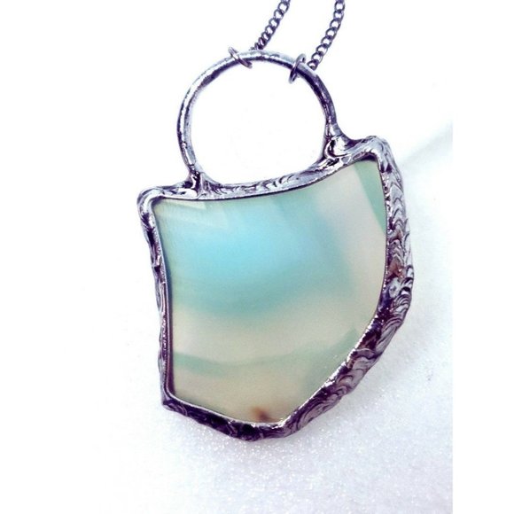Blue agate crystal necklace handmade gothic metalwork fantasy jewelry beach gems - Picture 5 of 12